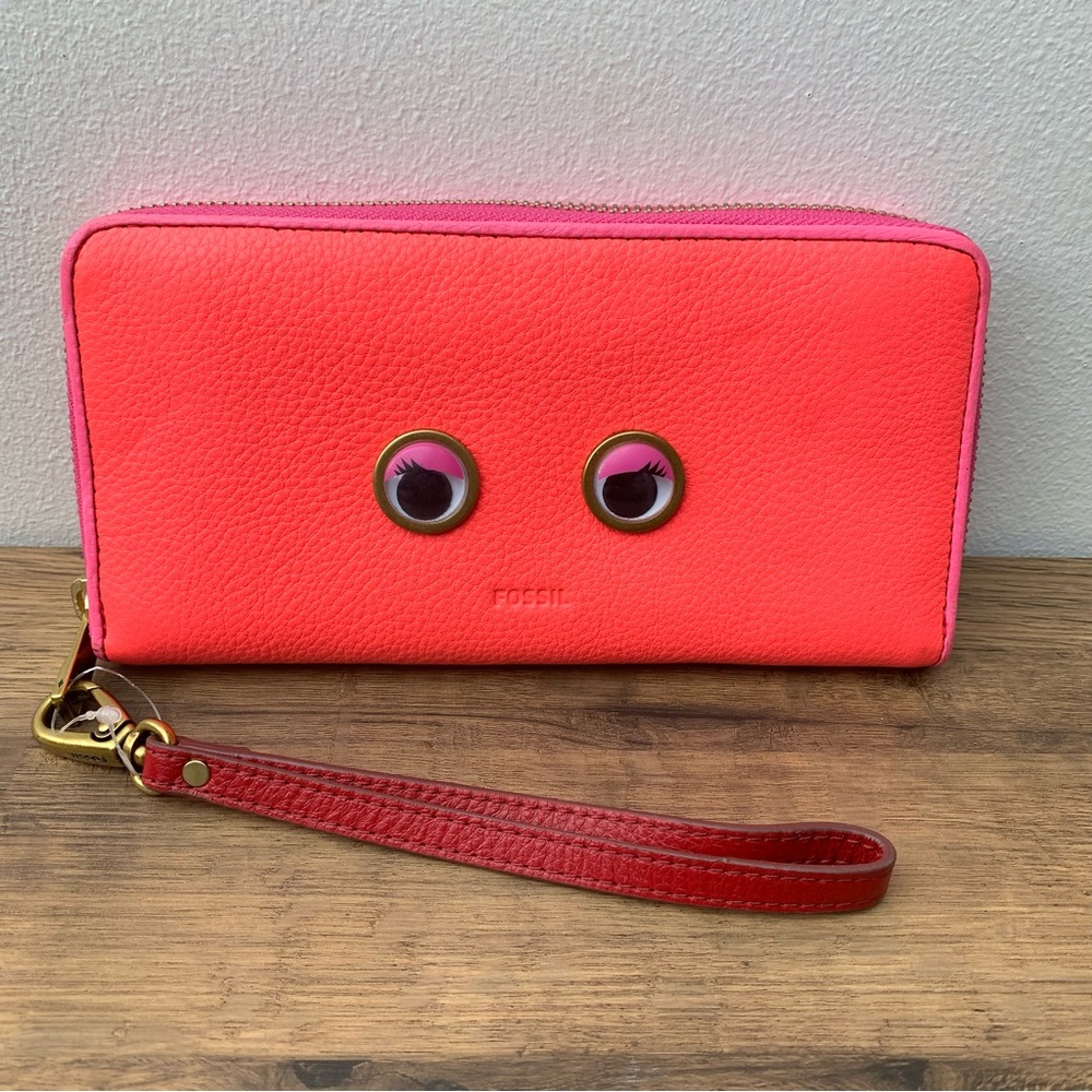 Fossil Emma Google Eye Clutch Leather Hot Pink Zip Wristlet Bag Wallet - Picture 1 of 8
